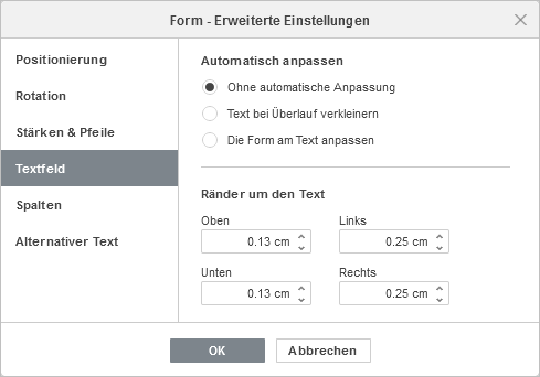 Formeigenschaften - Registerkarte Ränder