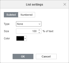 Bulleted List Settings window