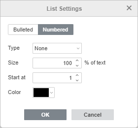 Numbered List Settings window