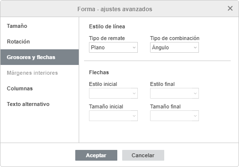 Propiedades de forma - pestaña grosores y flechas