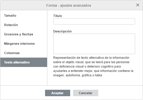 Propiedades de forma - pestaña Texto Alternativo