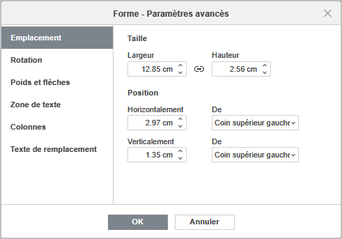 Paramètres de la forme - Onglet Taille