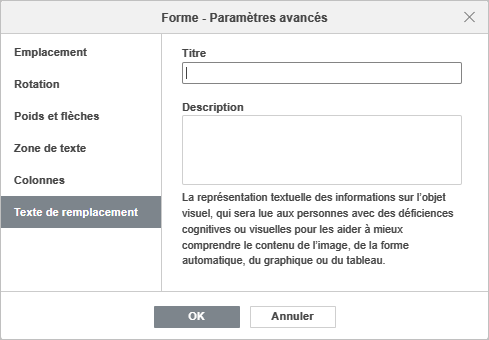 Paramètres de la forme - Onglet Texte de remplacement