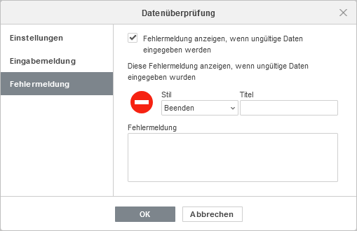 Datenueberpruefung - Fehlermeldung Einstellungen