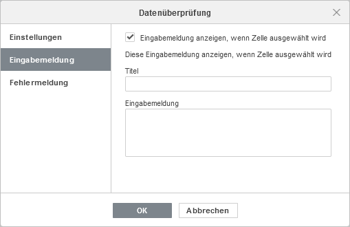 Datenueberpruefung - Eingabemeldung Einstellungen