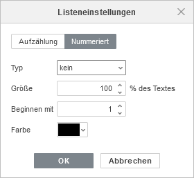 Nummerierung Listeneinstellungen