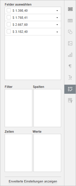 Pivot table settings tab