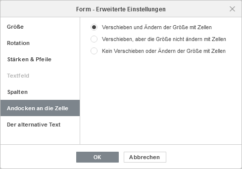 Form - Erweiterte Einstellungen: Andocken an die Zelle