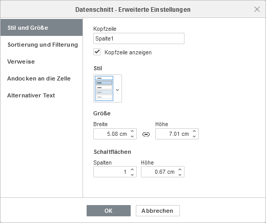 Datenschnitt - Erweiterte Einstellungen