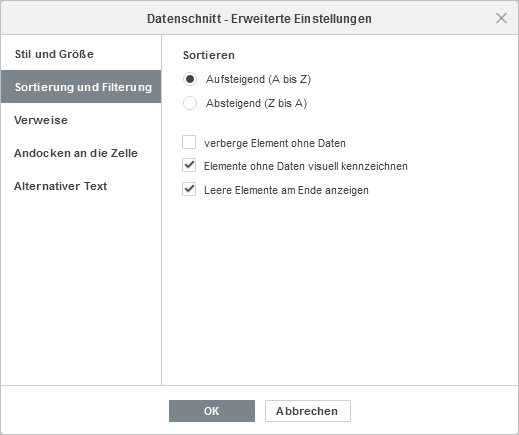 Datenschnitt - Erweiterte Einstellungen