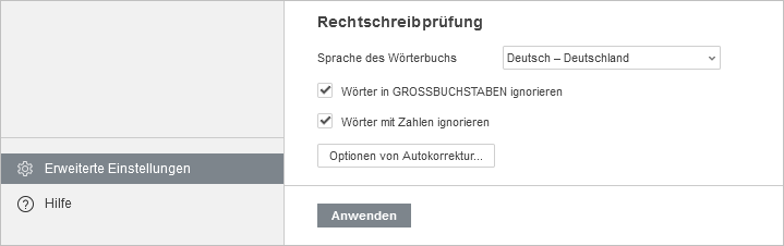 Einstellungen der Rechtschreibprüfung