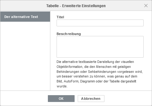 Tabelle - Erweiterte Einstellungen