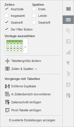 Tabelleneinstellungen Registerkarte