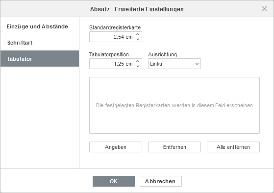 Absatzeigenschaften - Registerkarte Tabulator