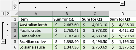 Grouped rows and columns