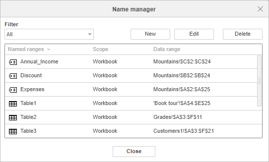 Name Manager window