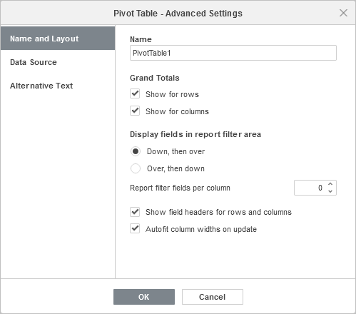 Pivot table advanced settings