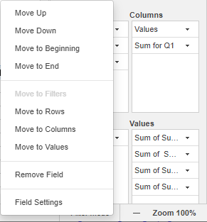 Pivot table menu