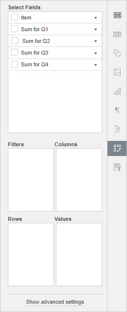 Pivot table settings tab