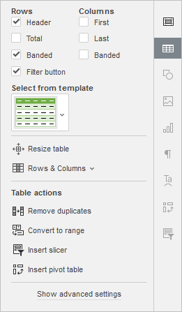 Table settings tab