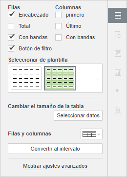 Pestaña Ajustes de tablas