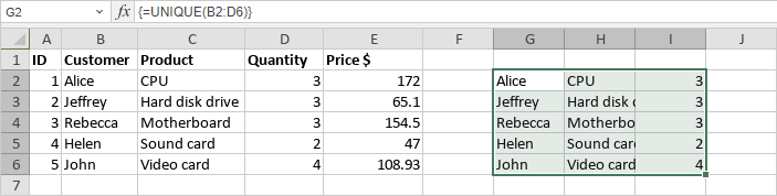 Insérer des formules de tableau