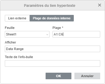 Le fenêtre Paramètres du lien hypertexte