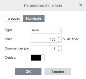 La fenêtre Paramètres de la liste à puces