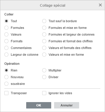 Fenêtre de collage spéciale