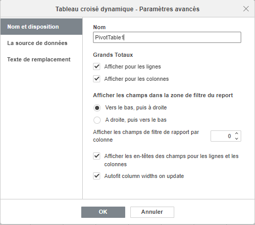 Paramètres avancés du tableau croisé dynamique