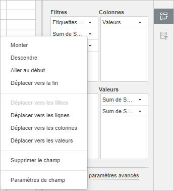 Menu du tableau croisé dynamique