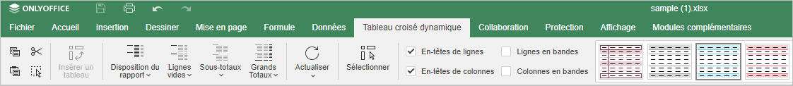 La barre d'outils du tableau croisé dynamique