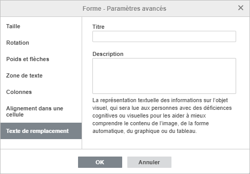 Forme - Paramètres avancés L'onglet Texte de remplacement