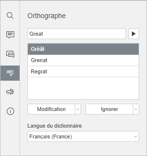 Le panneau Vérification de l'orthographe