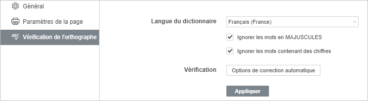 Paramètres de vérification de l'orthographe