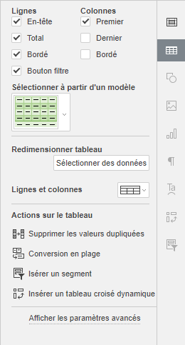 L'onglet Paramètres du tableau