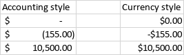 Accounting and Currency number formats