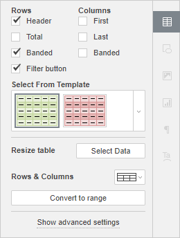 Table settings tab
