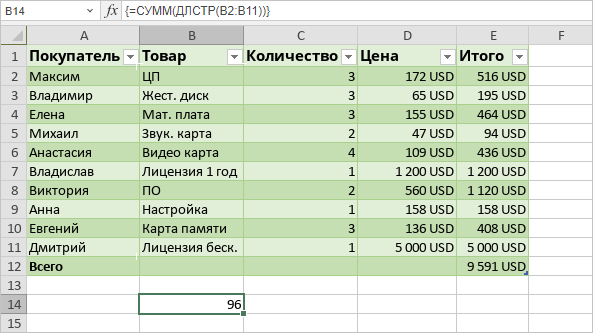 Использование формул массива