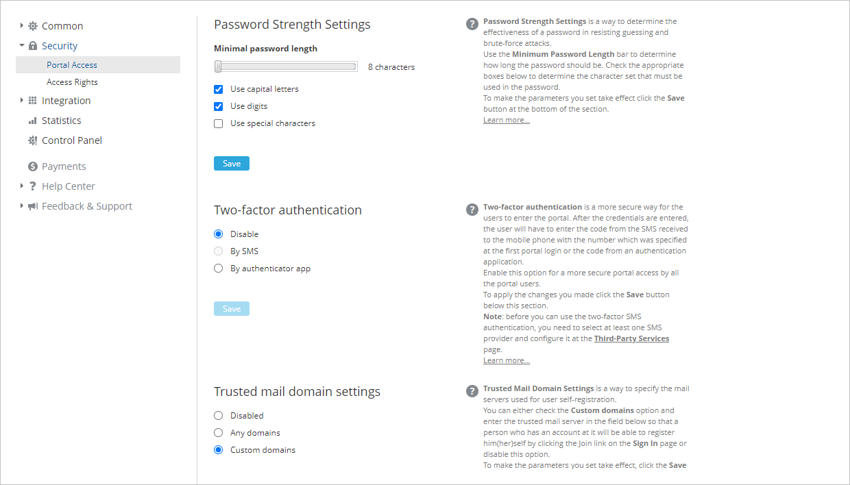 Portal security settings adjustment