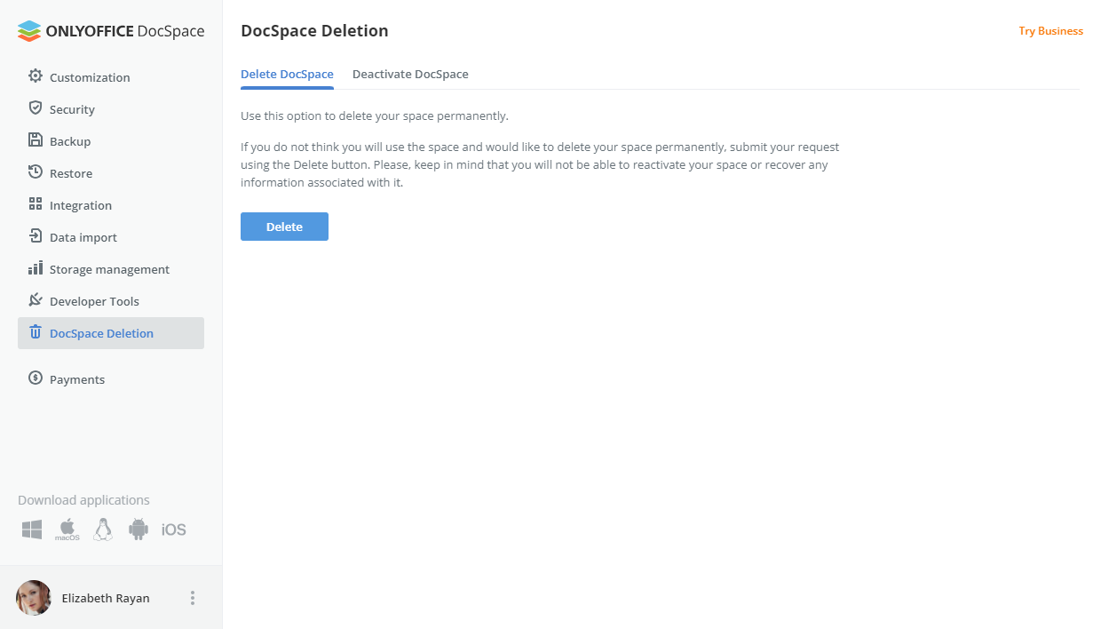 Deactivating/Deleting DocSpace