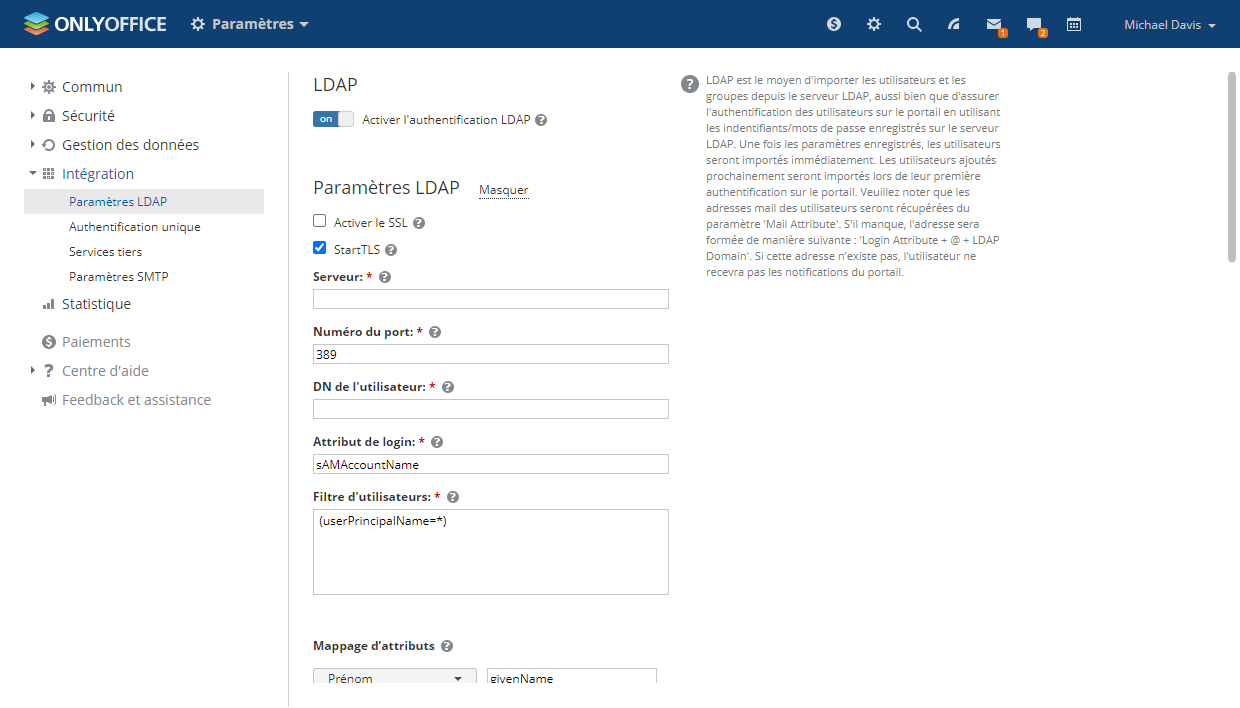 Paramètres LDAP - utilisateurs