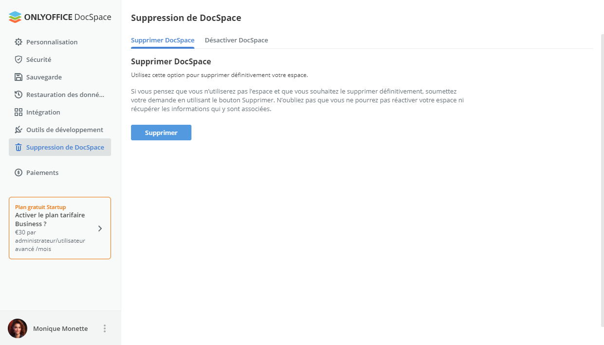 Désactiver / Supprimer DocSpace