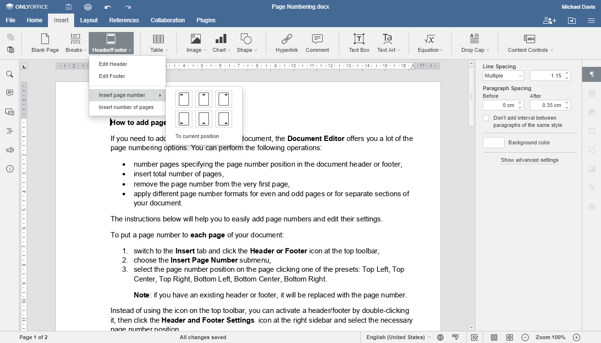 Adding page numbers in word - ONLYOFFICE