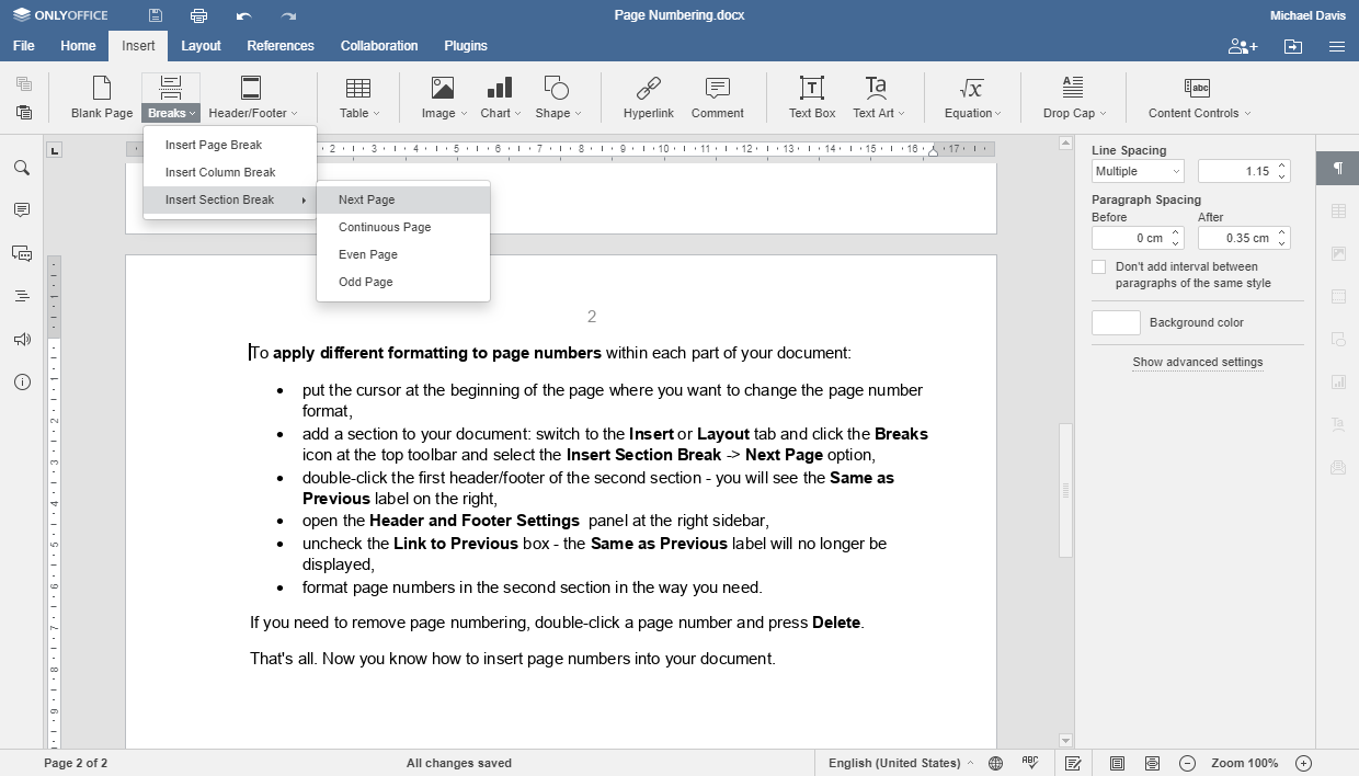 how to fix page numbers in word document