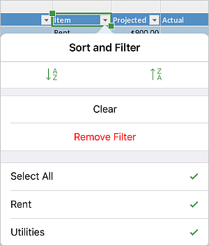 Sort and Filter panel
