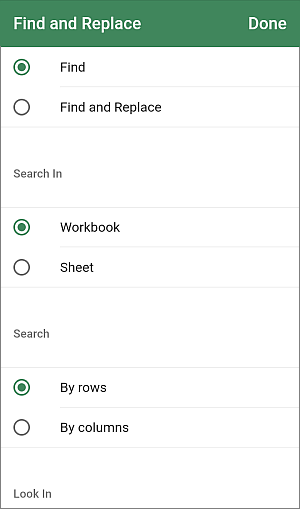 Search options panel